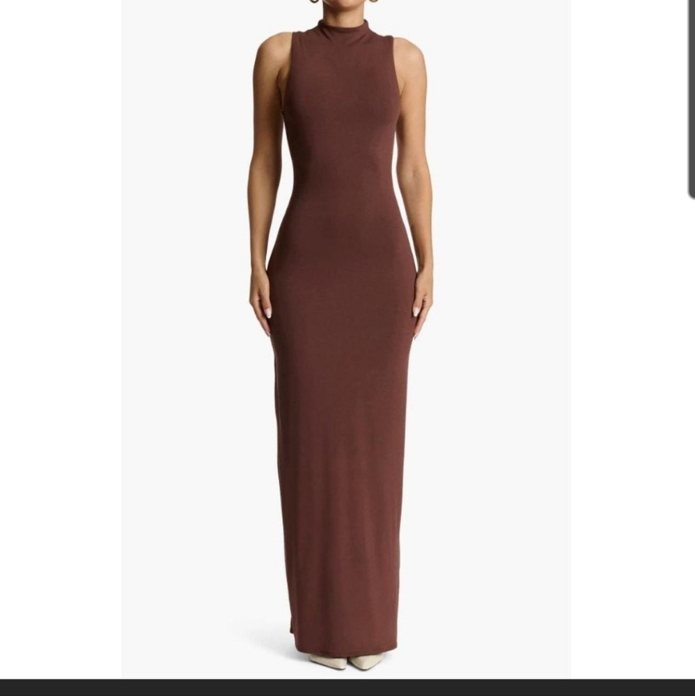 Naked Wardrobe Women’s Brown Mock Neck Sleeveless Maxi Dress Size Large NWT￼
